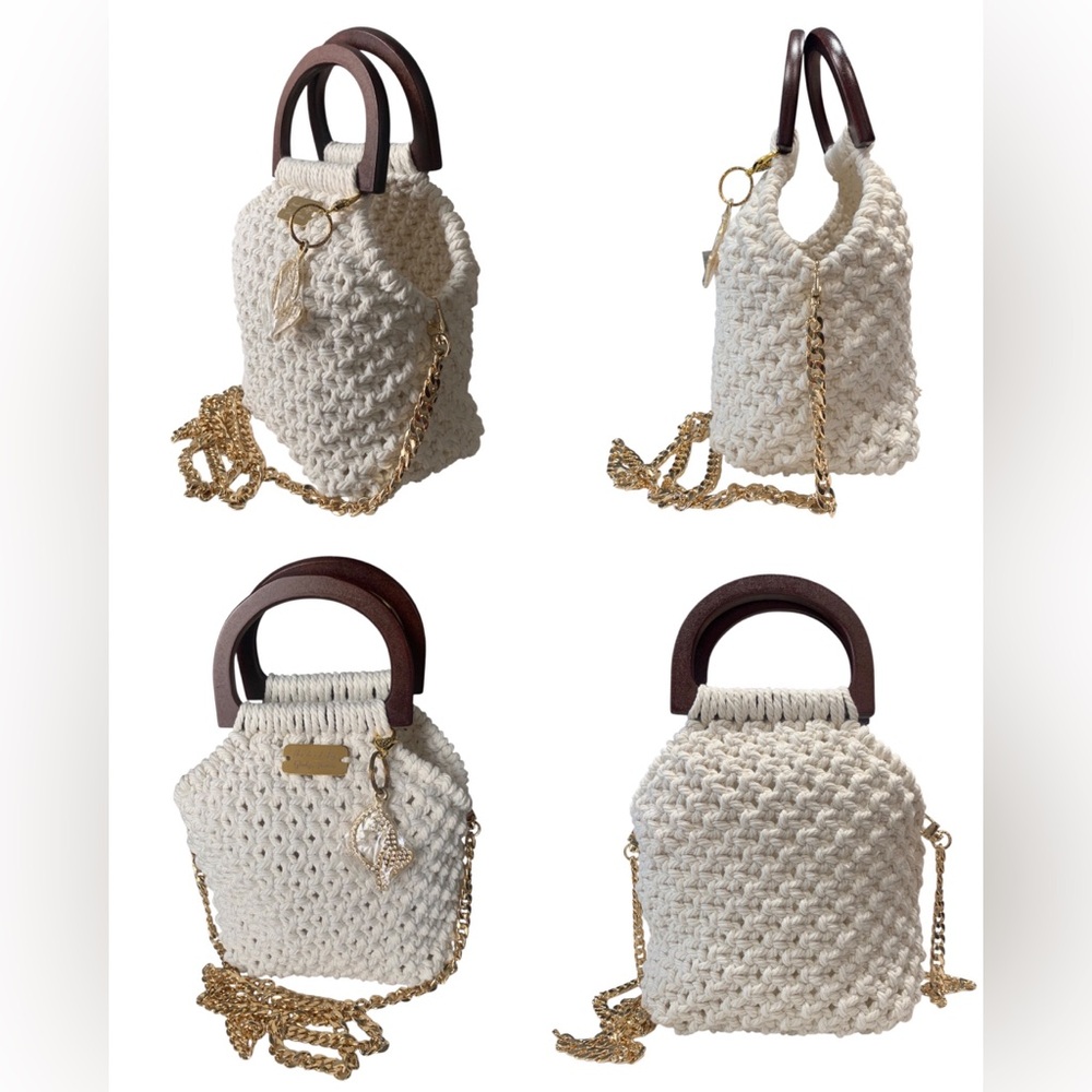 Handmade Cream Macrame Bucket Bag with Wooden Handles
